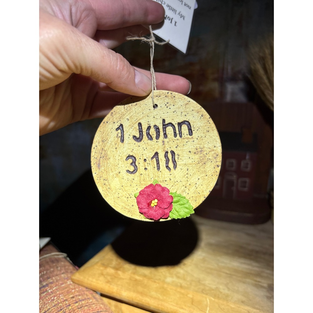 Handmade 1 John 3:18 Scripture Ceramic Ornament Rustic Gold Floral 2024 Signed
